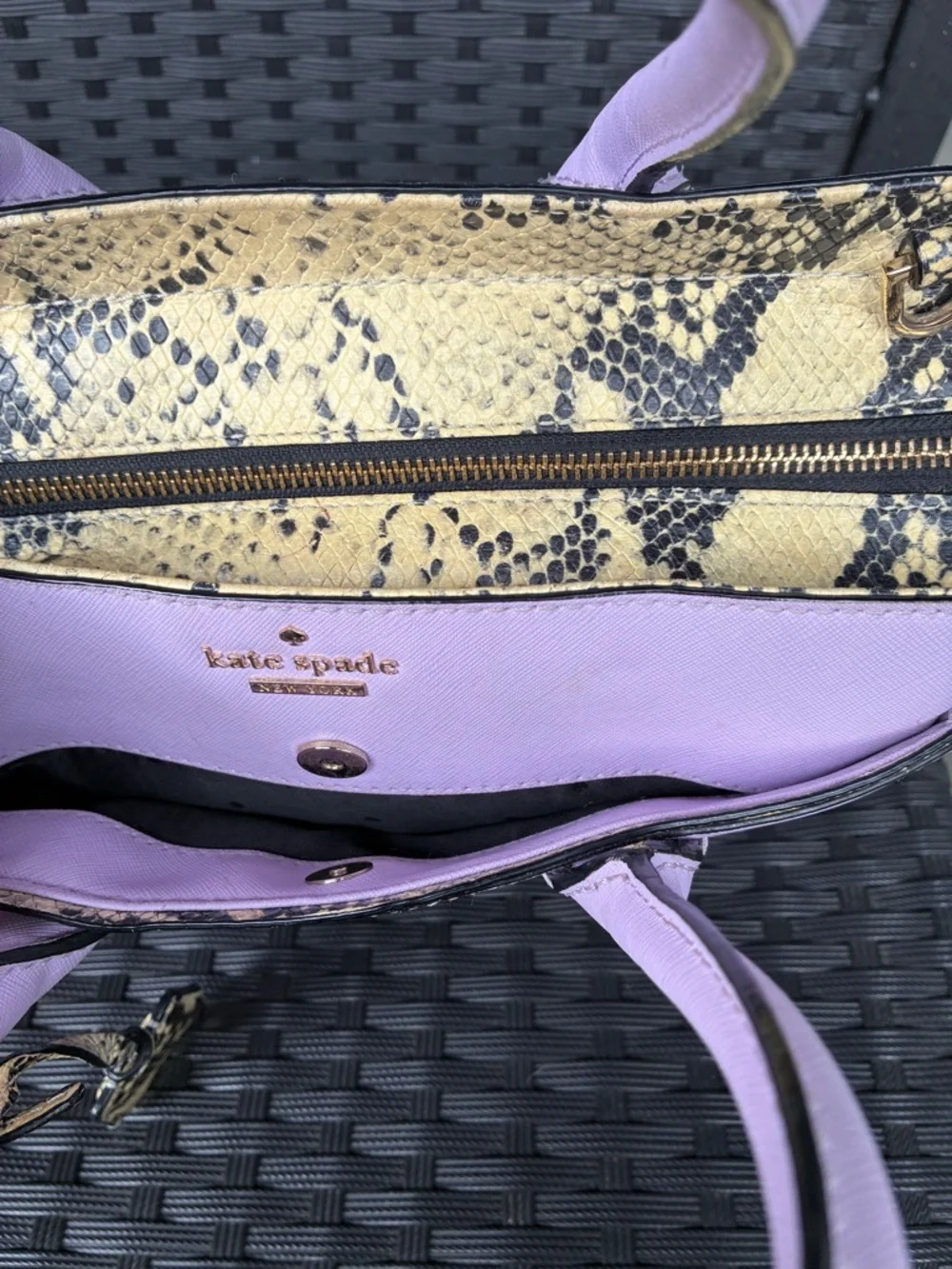 kate spade lilac satchel with yellow snake-print trim